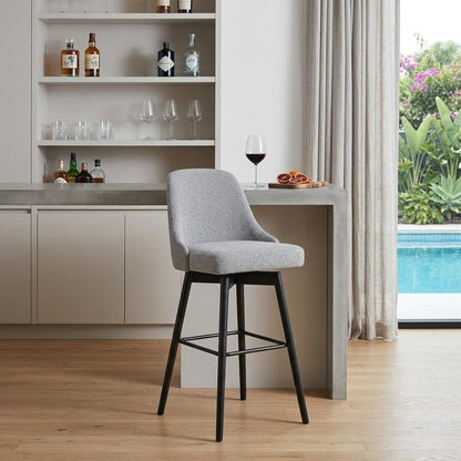 30" Light Gray and Black Fabric with Solid Wood Swivel Bar Height Bar Chair