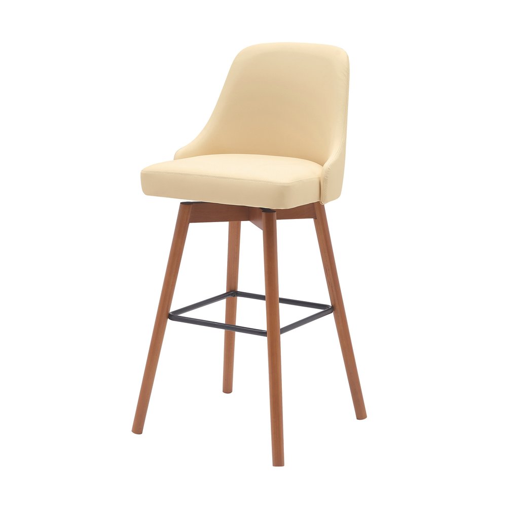 30" Cream And Brown Faux Leather And Fabric And Solid Wood Bar Height Swivel Bar Chair