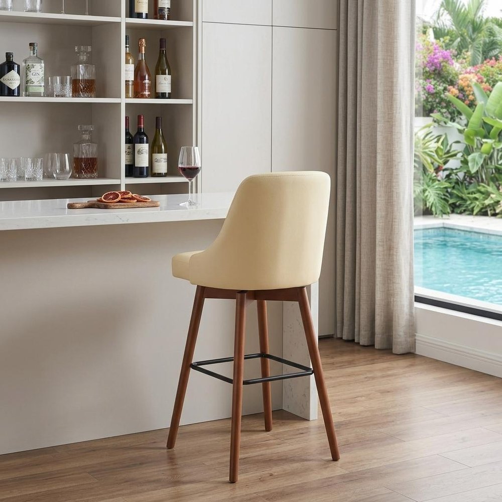30" Cream and Wood Brown Faux Leather with Solid Wood Swivel Bar Height Bar Chair