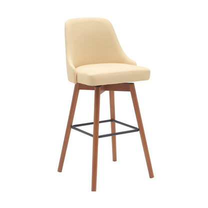 30" Cream And Brown Faux Leather And Fabric And Solid Wood Bar Height Swivel Bar Chair