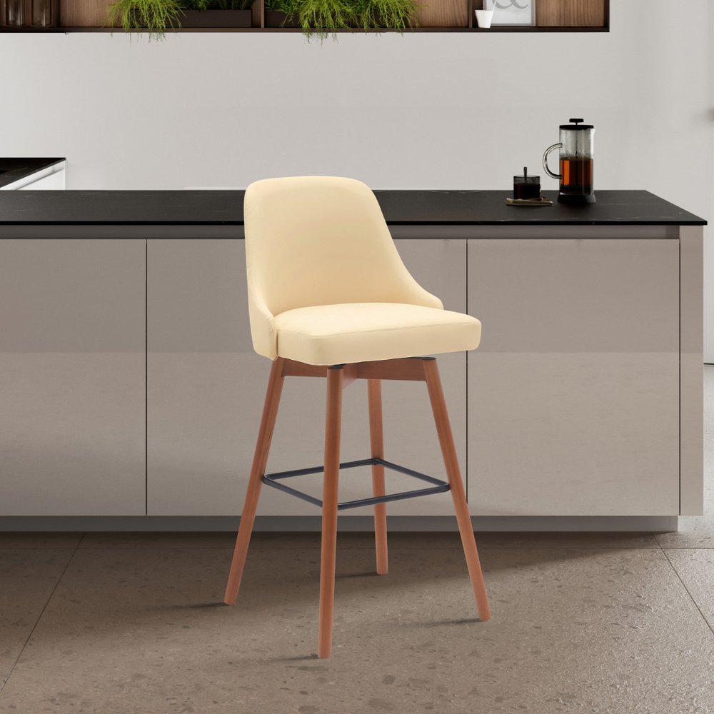 30" Cream And Brown Faux Leather And Fabric And Solid Wood Bar Height Swivel Bar Chair