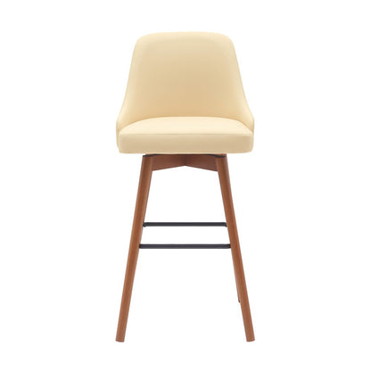 30" Cream and Wood Brown Faux Leather with Solid Wood Swivel Bar Height Bar Chair