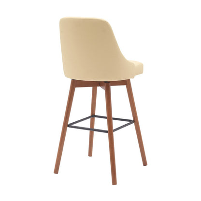 30" Cream And Brown Faux Leather And Fabric And Solid Wood Bar Height Swivel Bar Chair