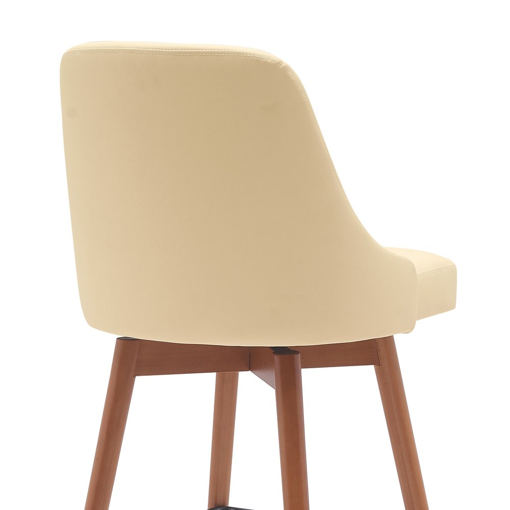 30" Cream And Brown Faux Leather And Fabric And Solid Wood Bar Height Swivel Bar Chair