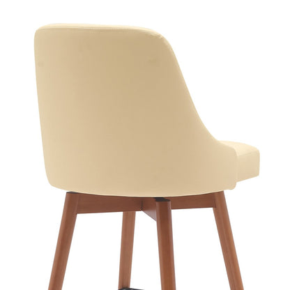 30" Cream And Brown Faux Leather And Fabric And Solid Wood Bar Height Swivel Bar Chair