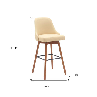 30" Cream And Brown Faux Leather And Fabric And Solid Wood Bar Height Swivel Bar Chair