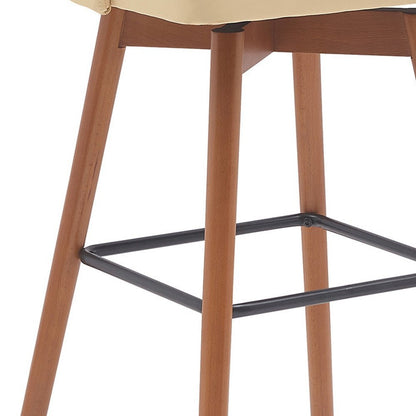 30" Cream And Brown Faux Leather And Fabric And Solid Wood Bar Height Swivel Bar Chair