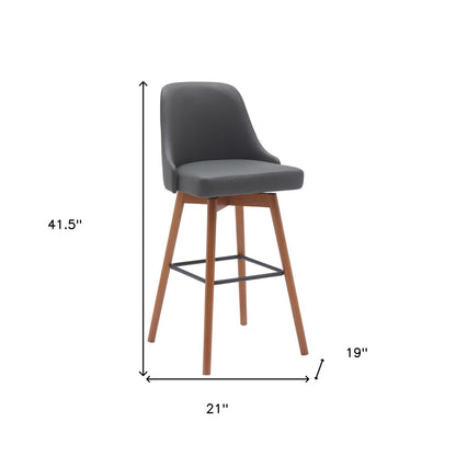 30" Gray And Brown Faux Leather And Fabric And Solid Wood Bar Height Swivel Bar Chair