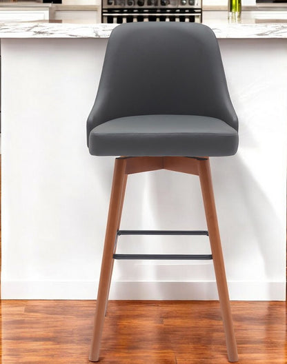30" Gray and Wood Brown Faux Leather with Solid Wood Swivel Bar Height Bar Chair