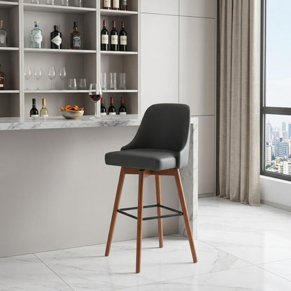 30" Gray and Wood Brown Faux Leather with Solid Wood Swivel Bar Height Bar Chair