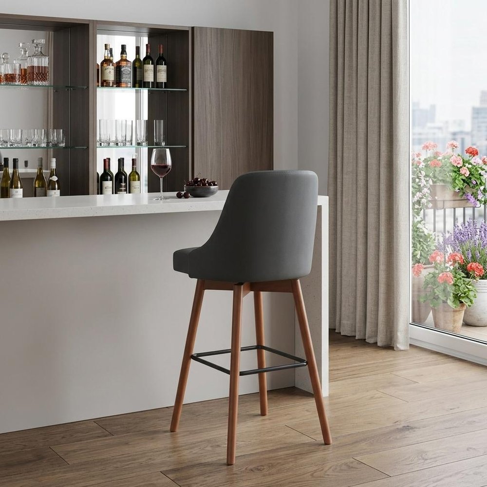 30" Gray and Wood Brown Faux Leather with Solid Wood Swivel Bar Height Bar Chair