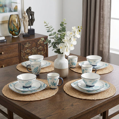 Blue and White Sixteen Piece Round Floral Ceramic Service For Four Dinnerware Set