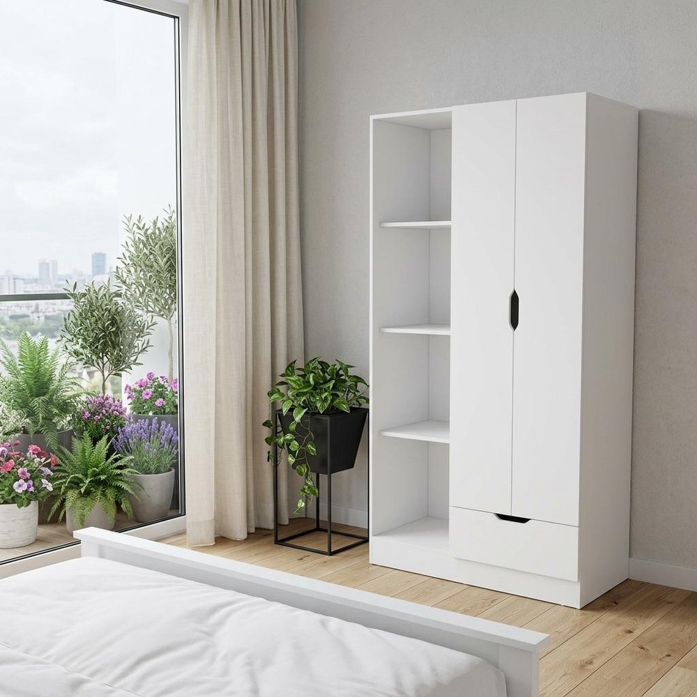 71" White Wood Two Door Single Drawer Combo Dresser