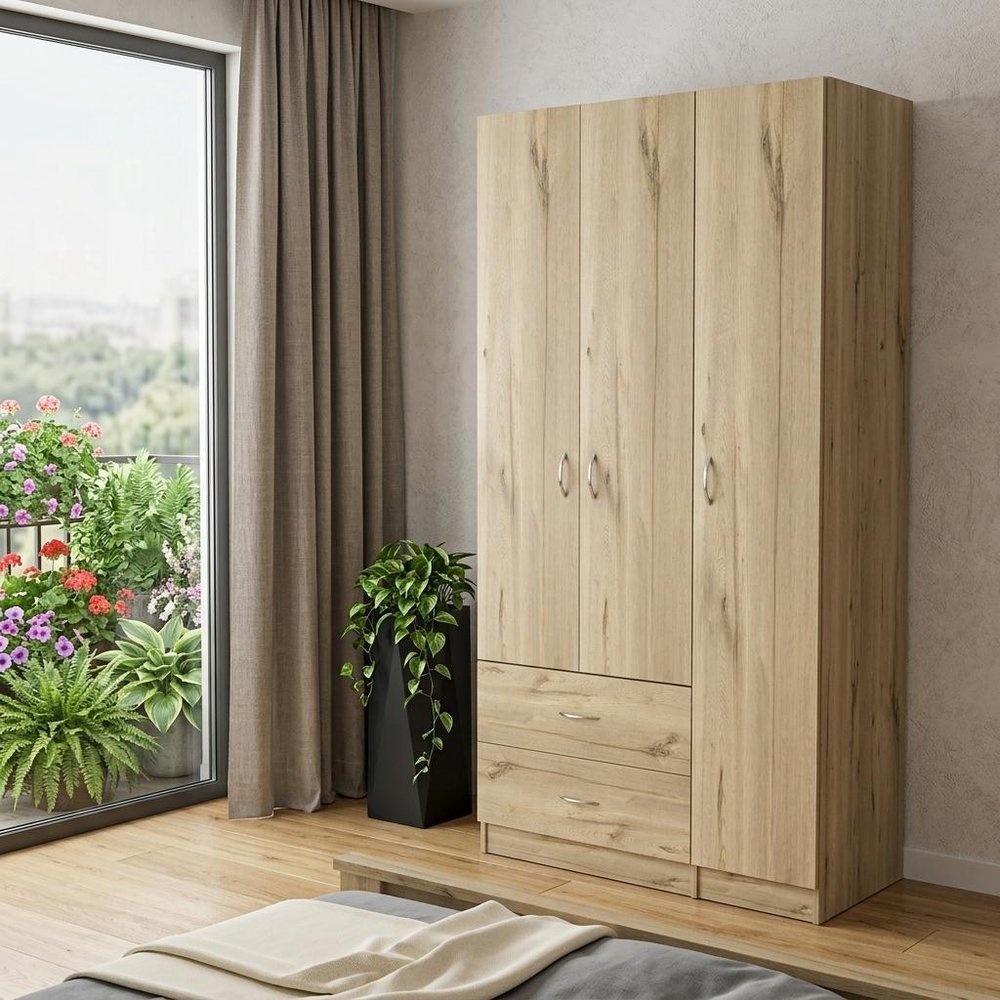 71" Oak Wood Three Door Two Drawer Combo Dresser