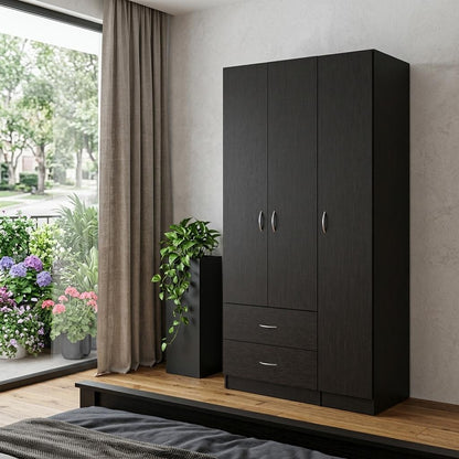 71" Black Wood Three Door Two Drawer Combo Dresser