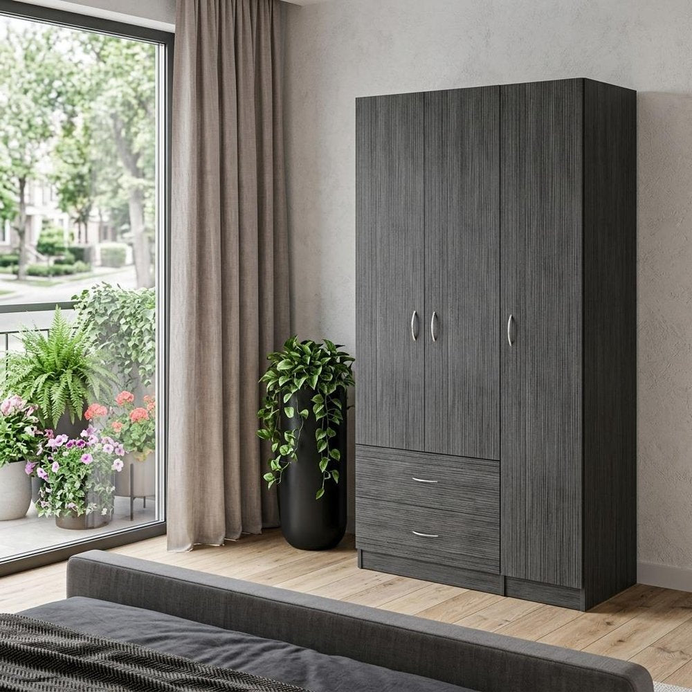 71" Dark Gray Wood Three Door Two Drawer Combo Dresser