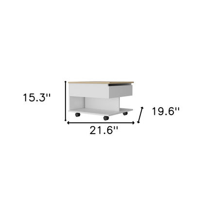 22" Natural And White Wood Lift Top Coffee Table With Two Shelves