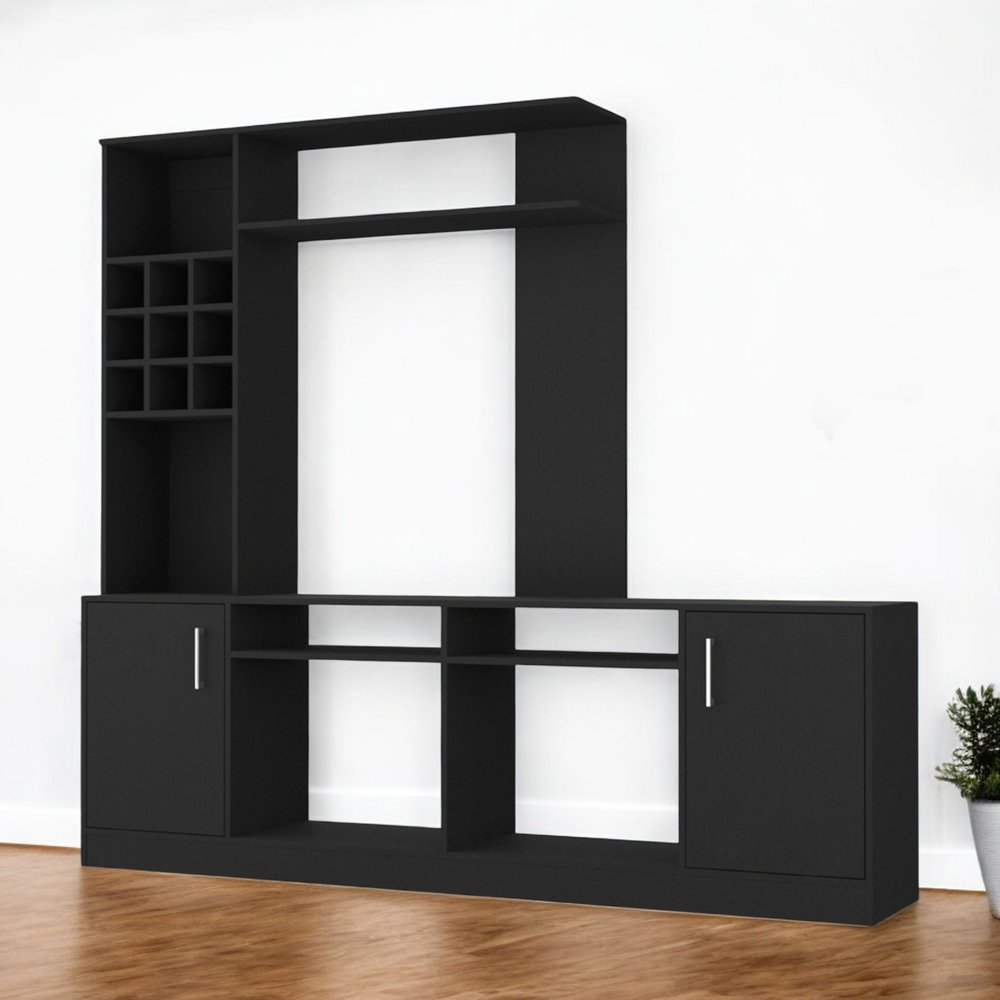 78" Black Wood Enclosed and Open Storage Entertainment Center with Bookcase