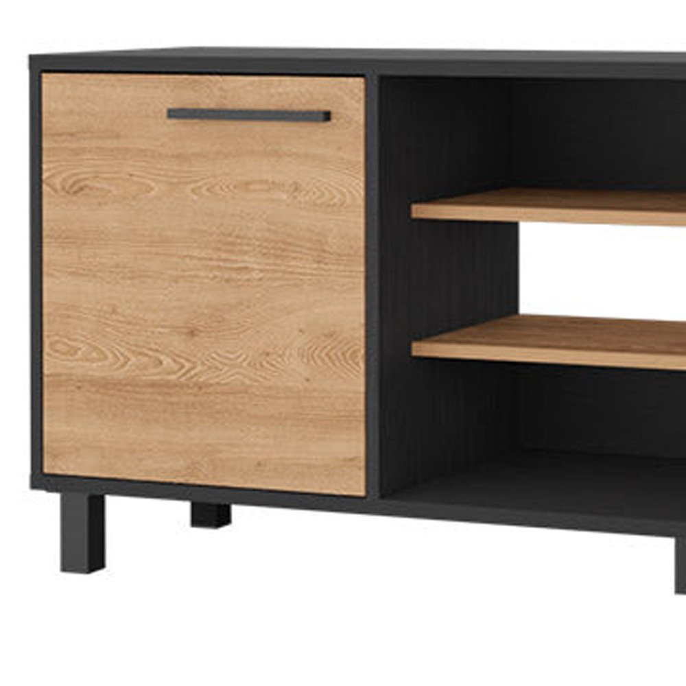 59" Black And Natural Wood Enclosed and Open Storage TV Stand