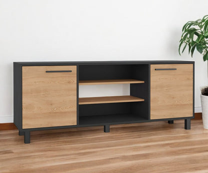 59" Black And Natural Wood Enclosed and Open Storage TV Stand
