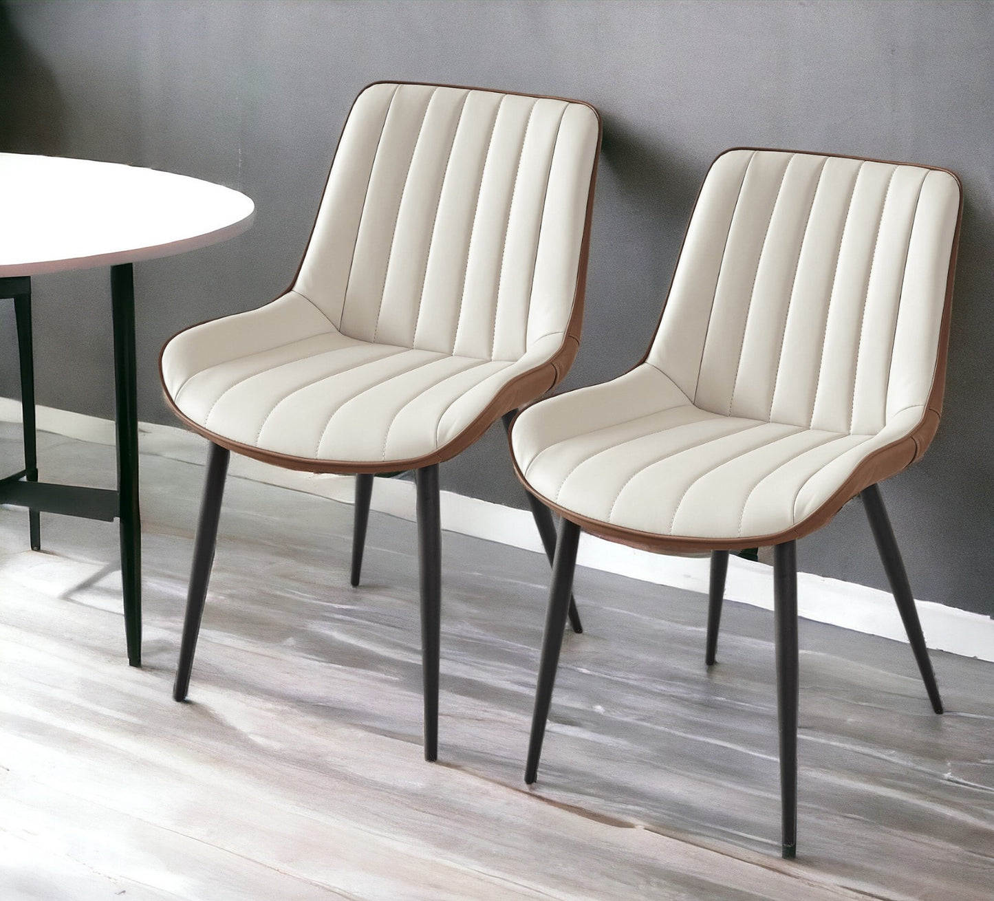 Set of Two Beige and Black Upholstered Fabric Dining Side Chairs