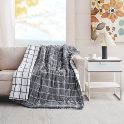 50" X 60" Gray and White Velvet Quilted Plaid Plush Throw Blanket
