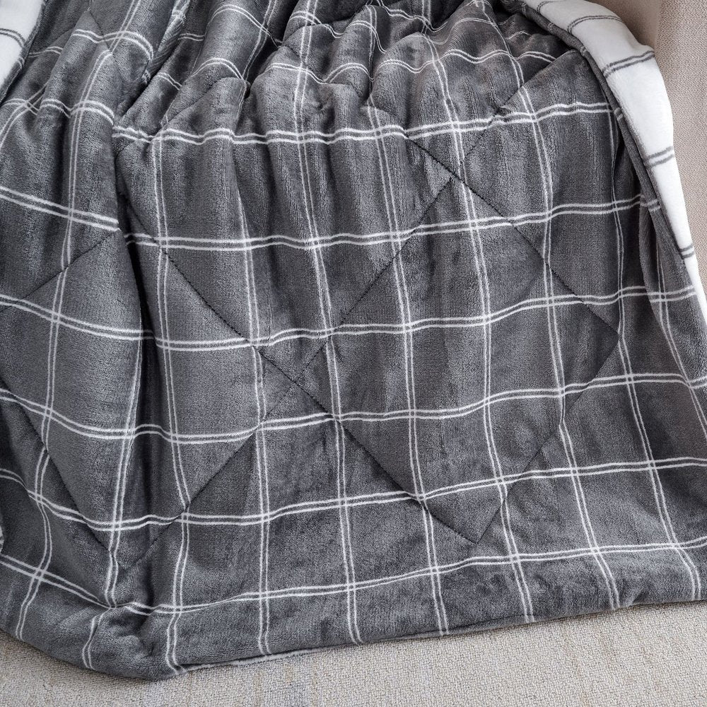 50" X 60" Gray and White Velvet Quilted Plaid Plush Throw Blanket