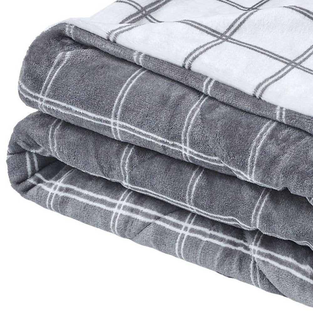 50" X 60" Gray and White Velvet Quilted Plaid Plush Throw Blanket