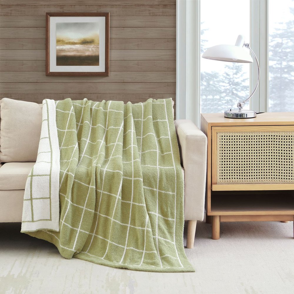 50" X 60" Green and White Fleece Knitted Geometric Plush Throw Blanket