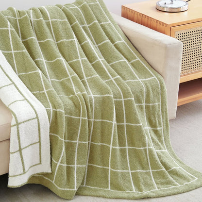 50" X 60" Green and White Fleece Knitted Geometric Plush Throw Blanket