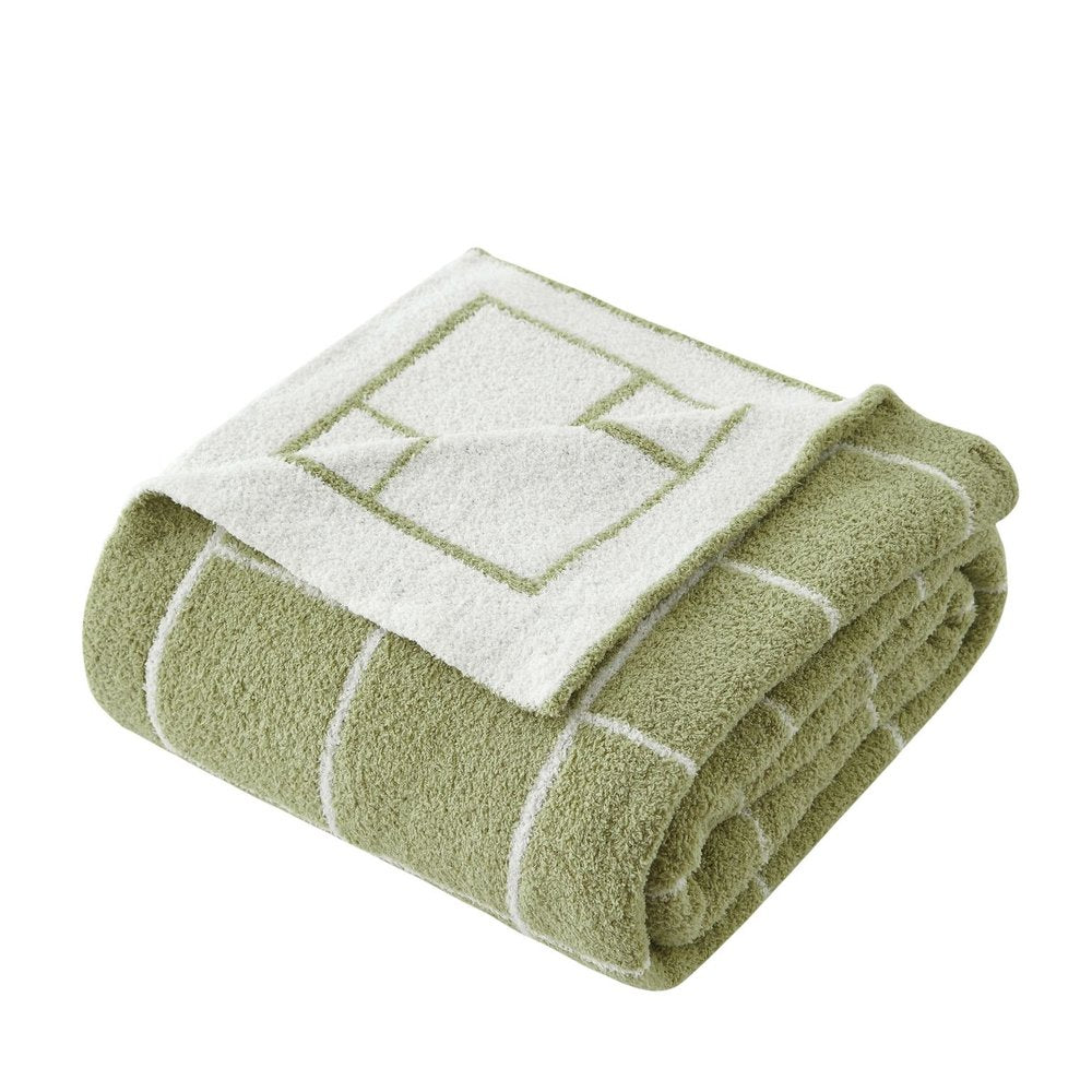 50" X 60" Green and White Fleece Knitted Geometric Plush Throw Blanket