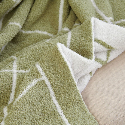 50" X 60" Green and White Fleece Knitted Geometric Plush Throw Blanket