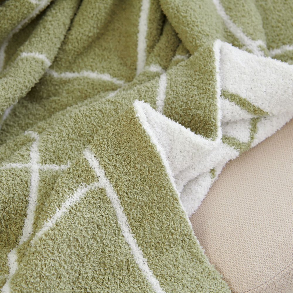 50" X 60" Green and White Fleece Knitted Geometric Plush Throw Blanket