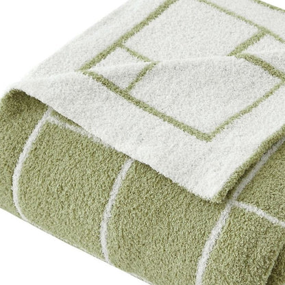 50" X 60" Green and White Fleece Knitted Geometric Plush Throw Blanket