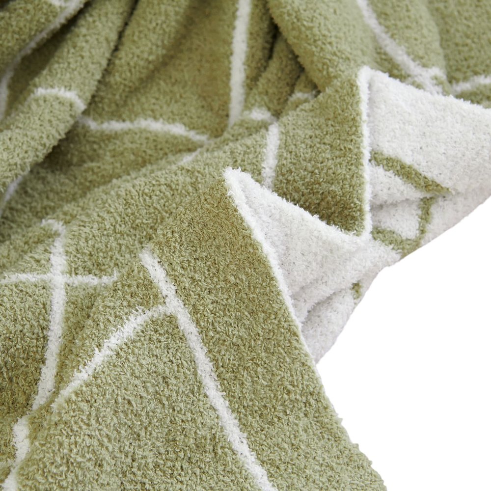 50" X 60" Green and White Fleece Knitted Geometric Plush Throw Blanket