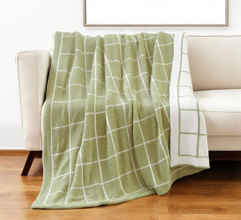 50" X 60" Green and White Fleece Knitted Geometric Plush Throw Blanket