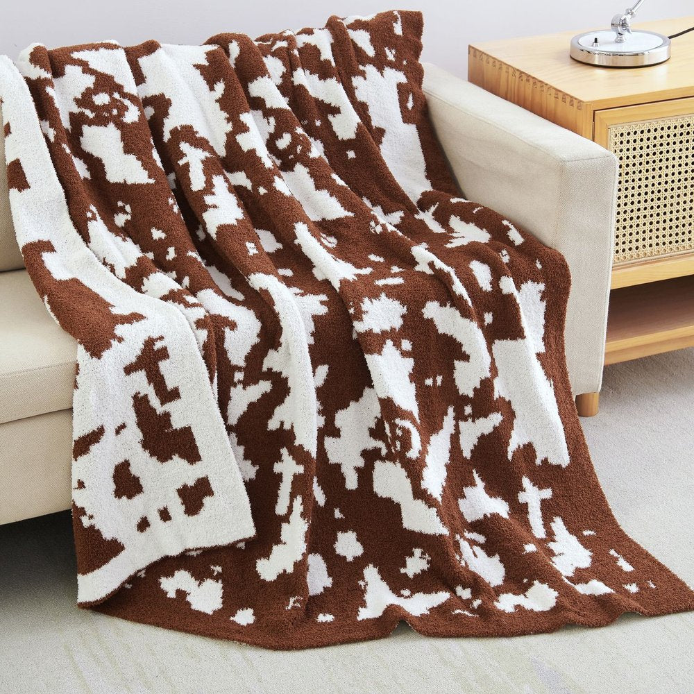 50" X 60" Brown and White Fleece Knitted Abstract Plush Throw Blanket