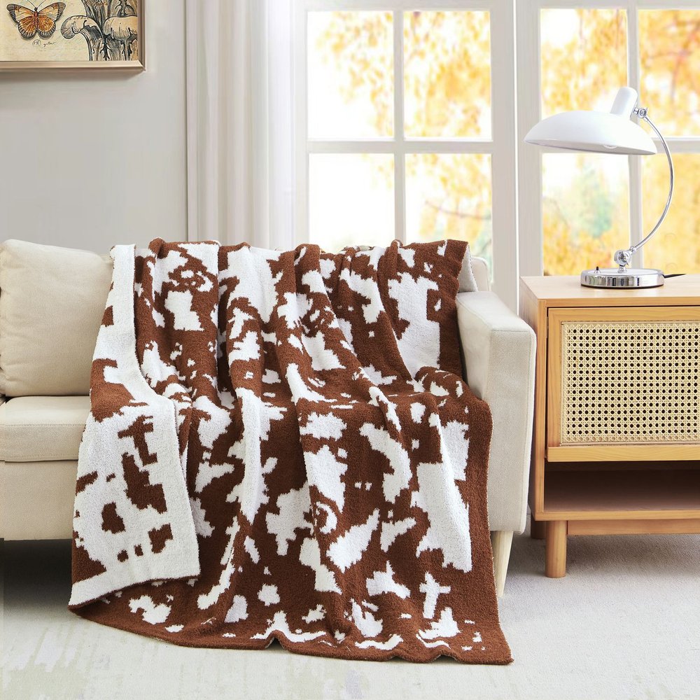 50" X 60" Brown and White Fleece Knitted Abstract Plush Throw Blanket
