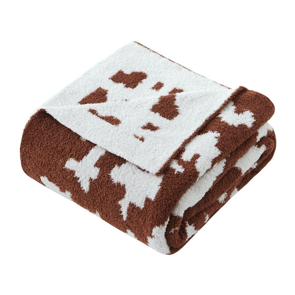 50" X 60" Brown and White Fleece Knitted Abstract Plush Throw Blanket