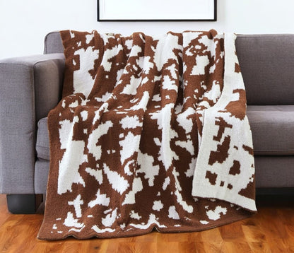 50" X 60" Brown and White Fleece Knitted Abstract Plush Throw Blanket