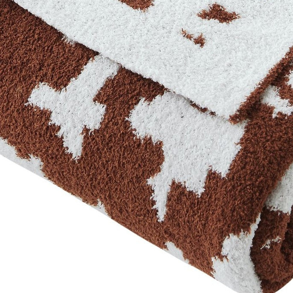 50" X 60" Brown and White Fleece Knitted Abstract Plush Throw Blanket