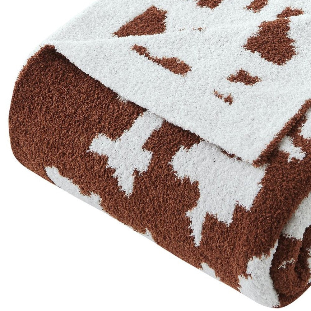50" X 60" Brown and White Fleece Knitted Abstract Plush Throw Blanket
