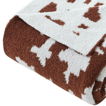 50" X 60" Brown and White Fleece Knitted Abstract Plush Throw Blanket