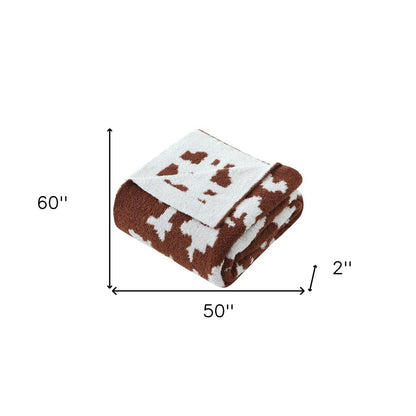 50" X 60" Brown and White Fleece Knitted Abstract Plush Throw Blanket