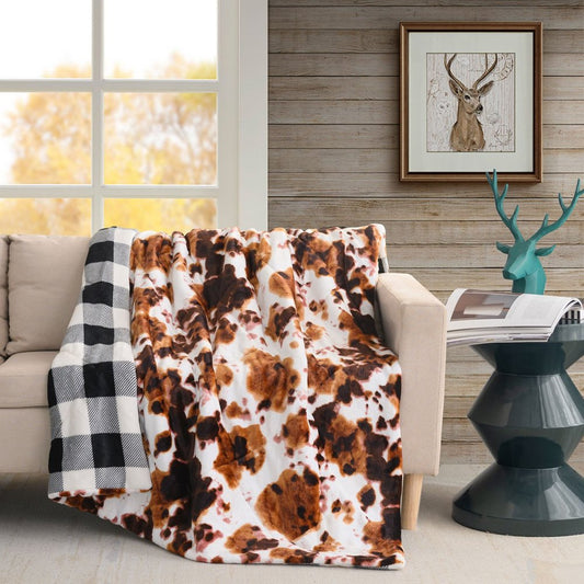 50" X 60" Brown and White Velvet Quilted Animal Print Plush Throw Blanket