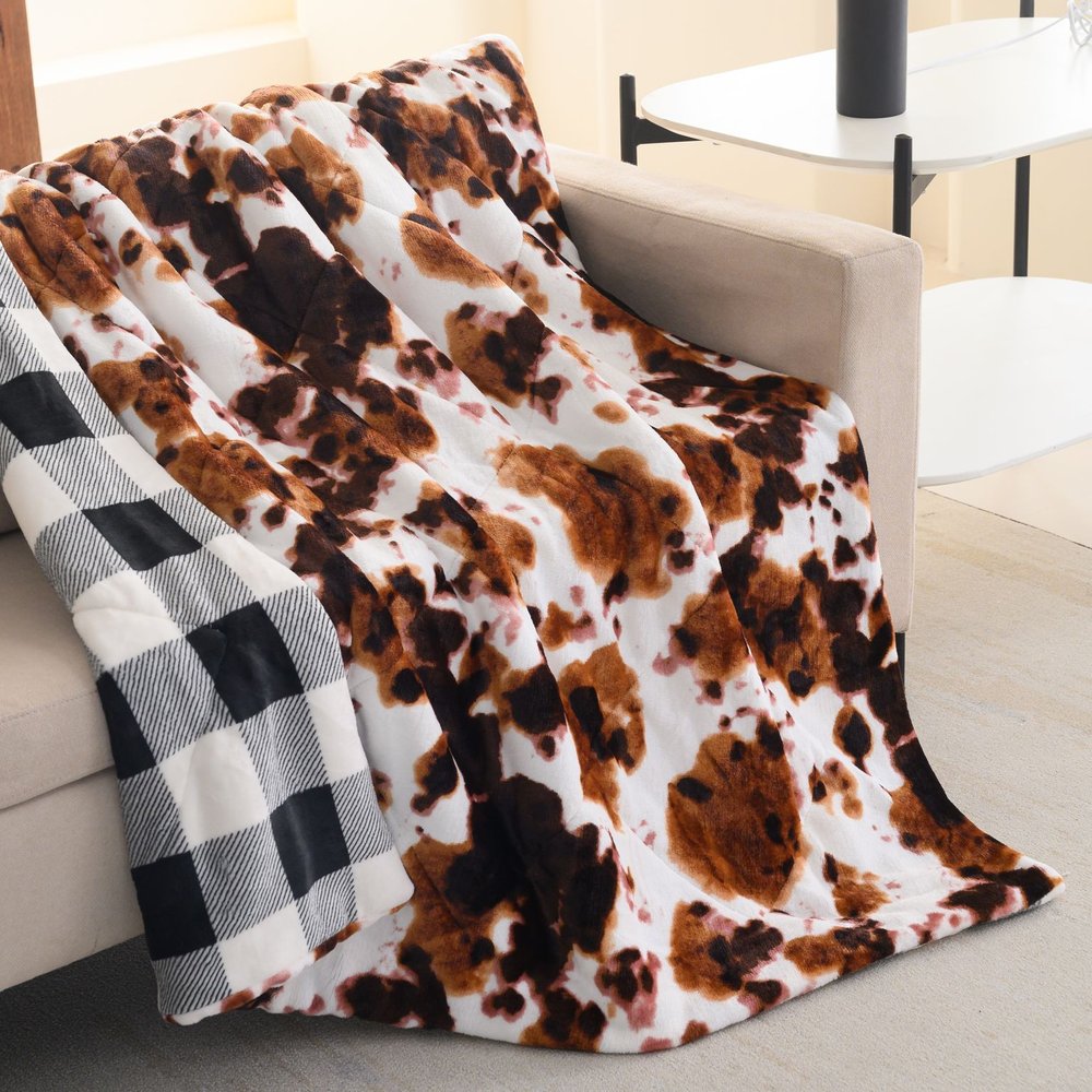 50" X 60" Brown and White Velvet Quilted Animal Print Plush Throw Blanket