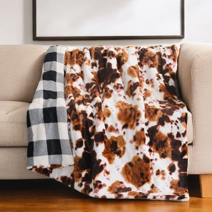 50" X 60" Brown and White Velvet Quilted Animal Print Plush Throw Blanket