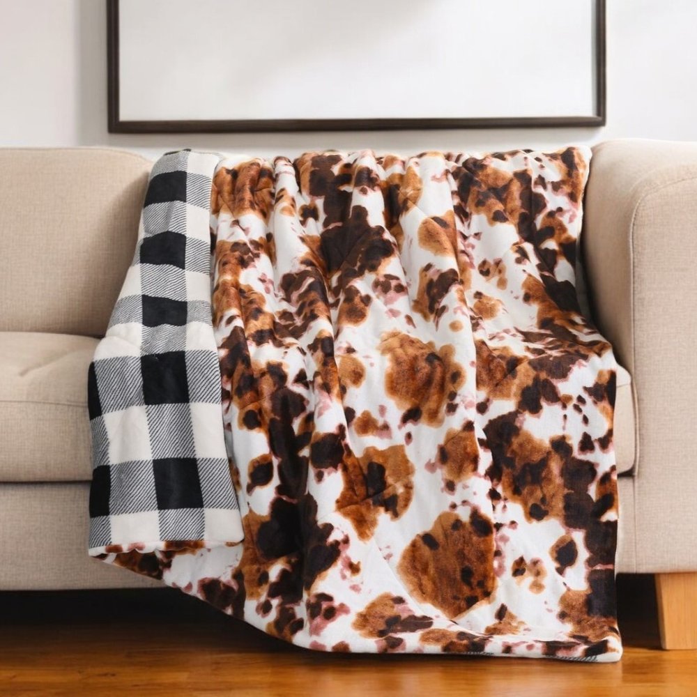 50" X 60" Brown and White Velvet Quilted Animal Print Plush Throw Blanket