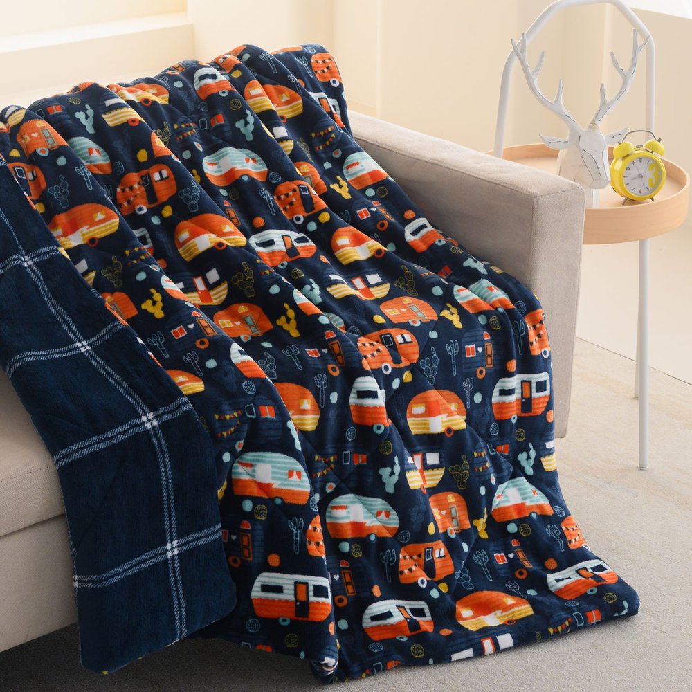 50" X 60" Blue Orange and Yellow Velvet Quilted Plush Throw Blanket