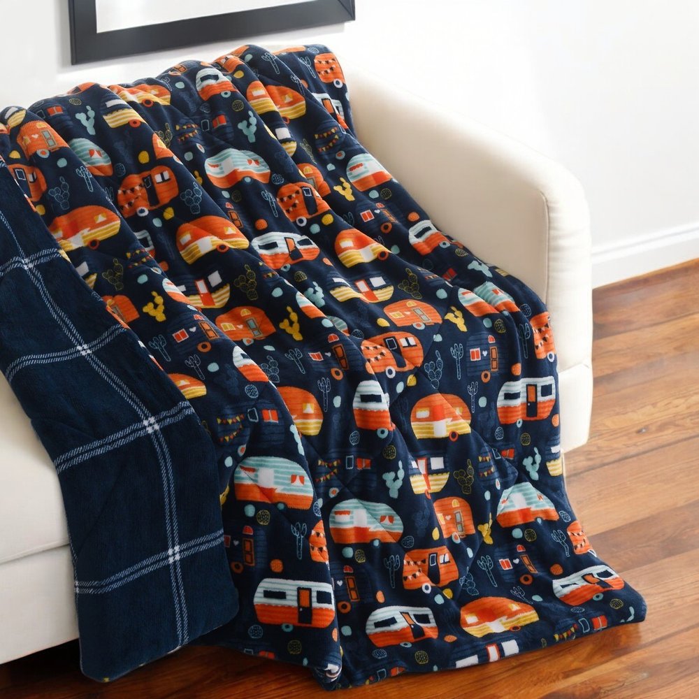 50" X 60" Blue Orange and Yellow Velvet Quilted Plush Throw Blanket